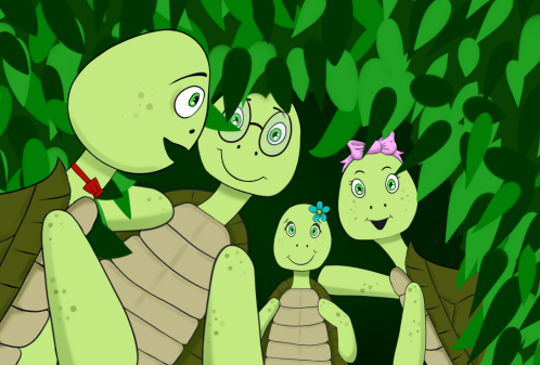 Four turtles peeking from their leafy homes
